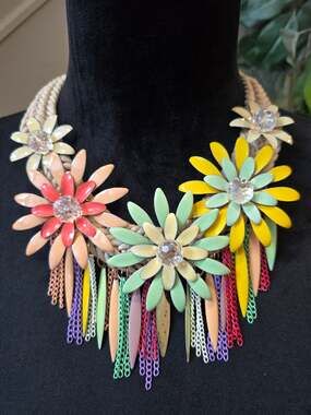 Women's Chunky Enamel Daisy Flowers Tassel Chain Braided Bib Statement Necklace